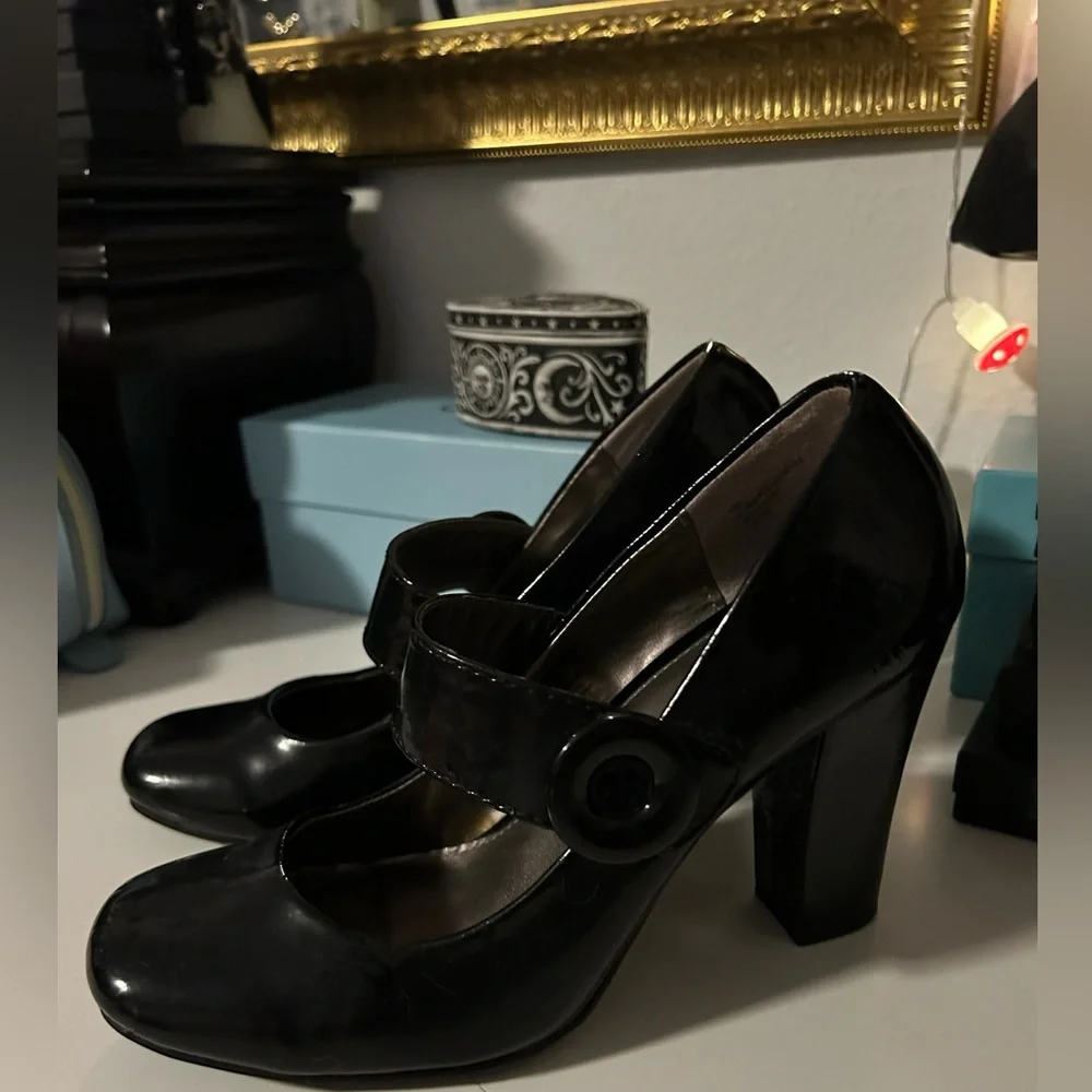 VintageY2K Black Patent Leather Mary Jane Square-Toe Block Heels - Picture 1 of 6